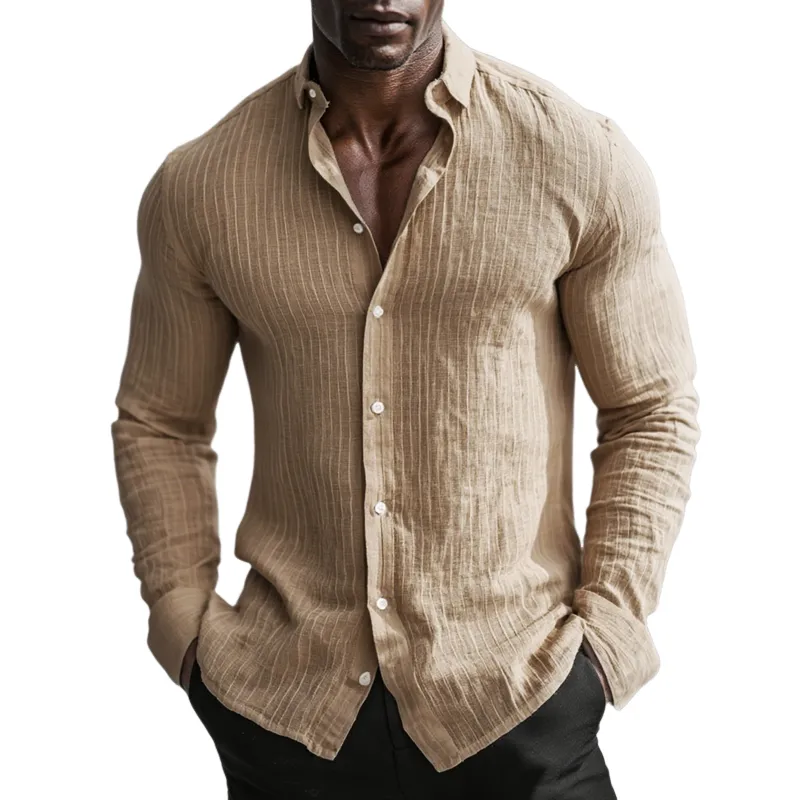 Men's Cotton And Linen Vertical Stripe Lapel Long Sleeve Shirt MTA1291H7Z sold by Manly