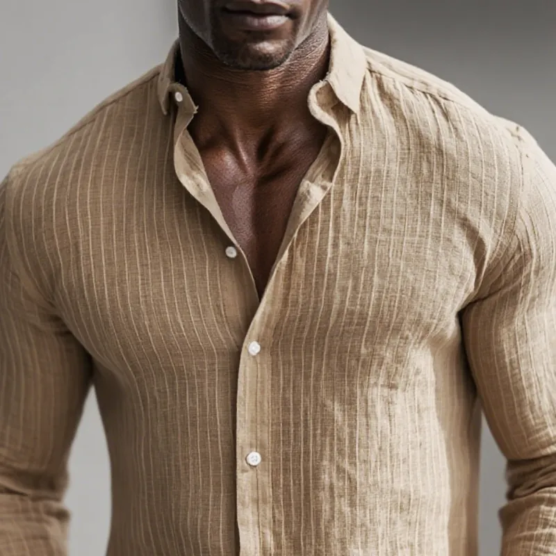 Men's Cotton And Linen Vertical Stripe Lapel Long Sleeve Shirt MTA1291H7Z sold by Manly product image thumbnail 3