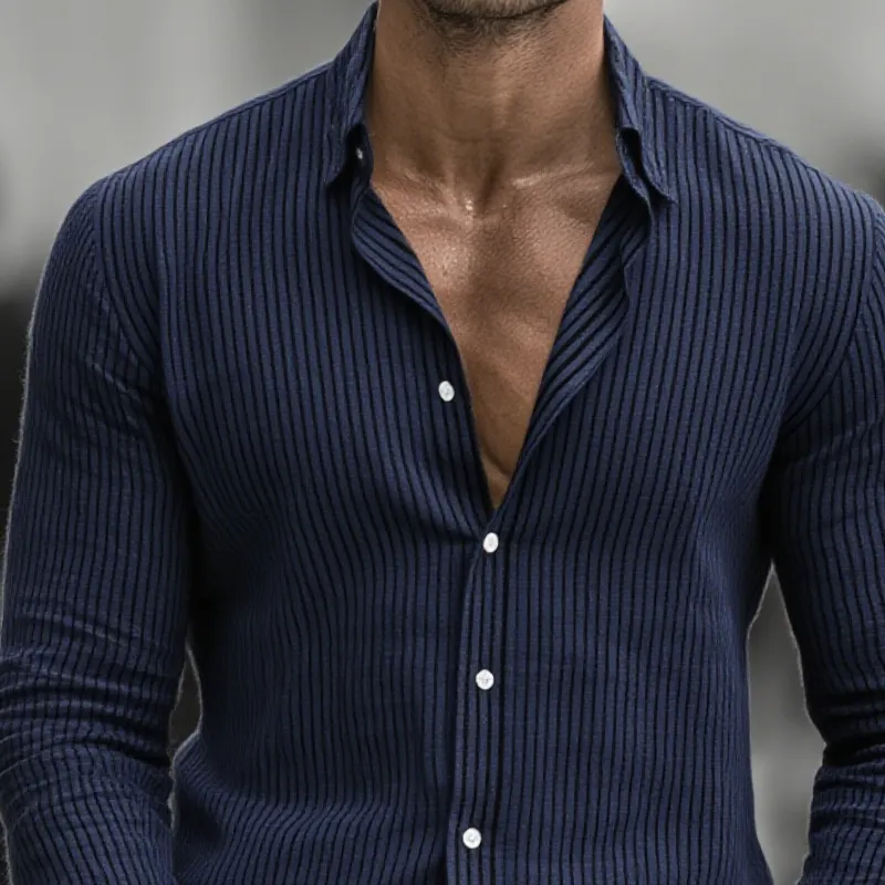 Men's Cotton And Linen Vertical Stripe Lapel Long Sleeve Shirt MTA1272H5Z sold by Manly product image thumbnail 3