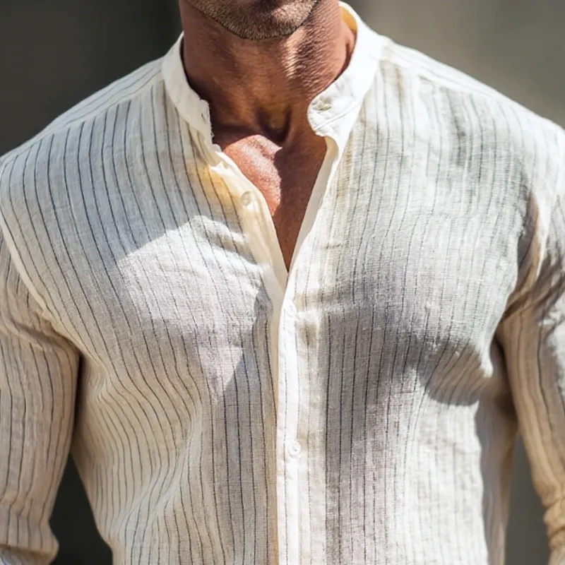 Men's Cotton And Linen Vertical Stripe Stand Collar Long Sleeve Shirt MTA1267H0Z sold by Manly product image thumbnail 3