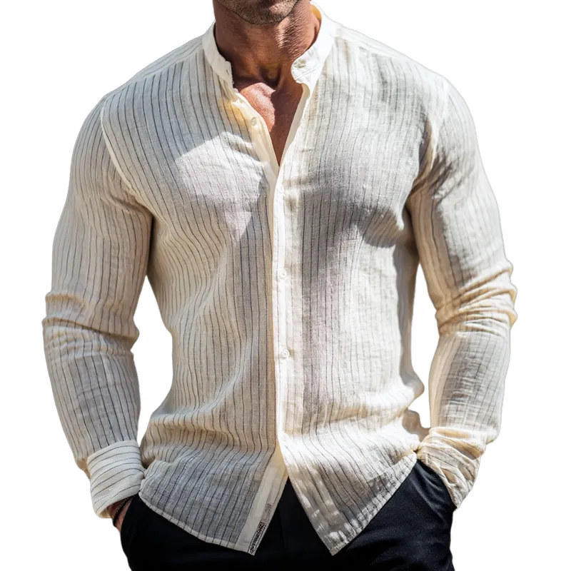 Men's Cotton And Linen Vertical Stripe Stand Collar Long Sleeve Shirt MTA1267H0Z sold by Manly