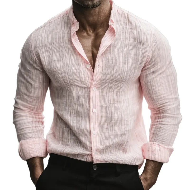 Men's Cozy Vertical Stripe Lapel Long Sleeve Shirt MTA1263H2Z sold by Manly