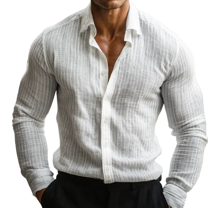 Men's Solid Cotton And Linen Vertical Stripe Lapel Long Sleeve Shirt MTA1290H4Z sold by Manly