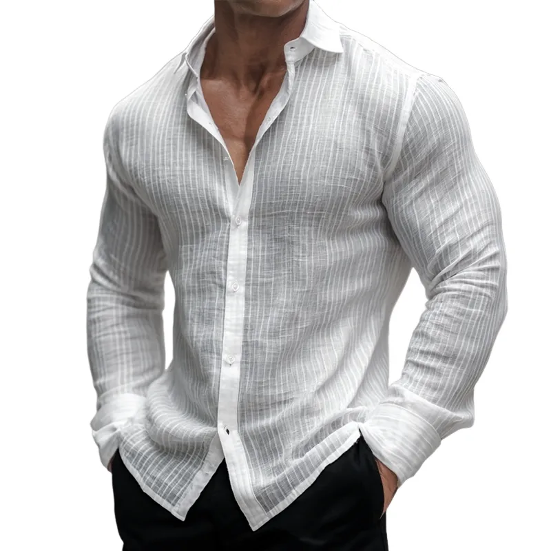 Men's Solid Cotton And Linen Vertical Stripe Lapel Long Sleeve Shirt MTA1252H4Z sold by Manly