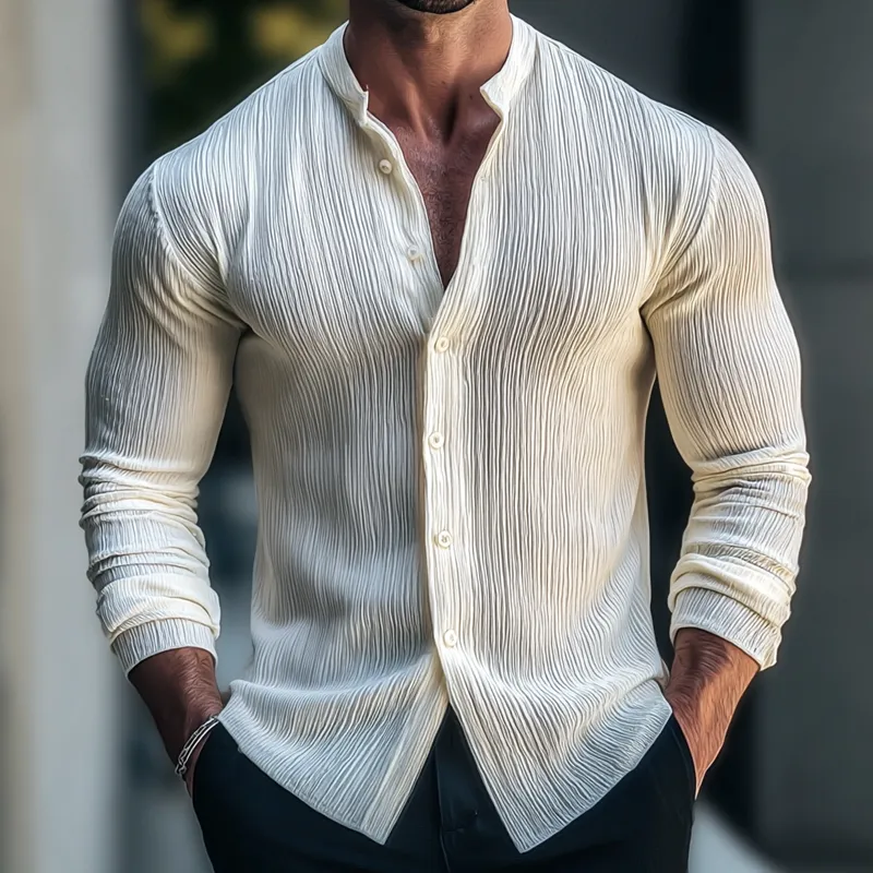 Men's Solid Vertical Stripe Textured Stand Collar Long Sleeve Shirt MTA1225H6Z sold by Manly product image thumbnail 2