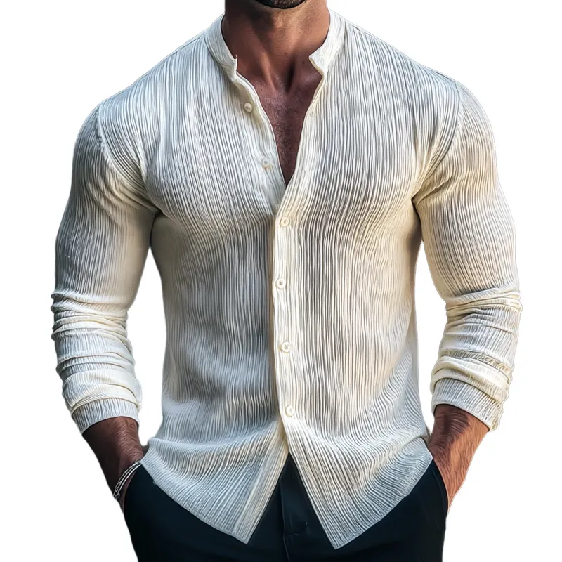 Men's Solid Vertical Stripe Textured Stand Collar Long Sleeve Shirt MTA1225H6Z sold by Manly