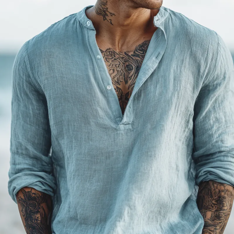 Men's Solid Cotton And Linen Henley Collar Long Sleeve Shirt MTA1225H0Z sold by Manly product image thumbnail 3