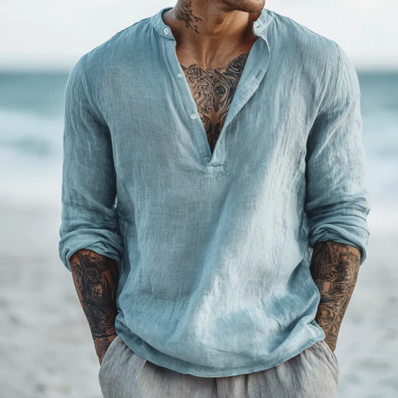 Men's Solid Cotton And Linen Henley Collar Long Sleeve Shirt MTA1225H0Z sold by Manly product image thumbnail 2