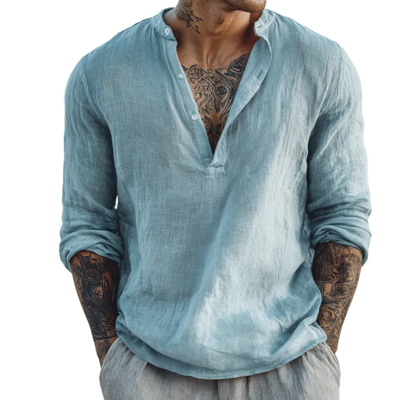 Men's Solid Cotton And Linen Henley Collar Long Sleeve Shirt MTA1225H0Z sold by Manly