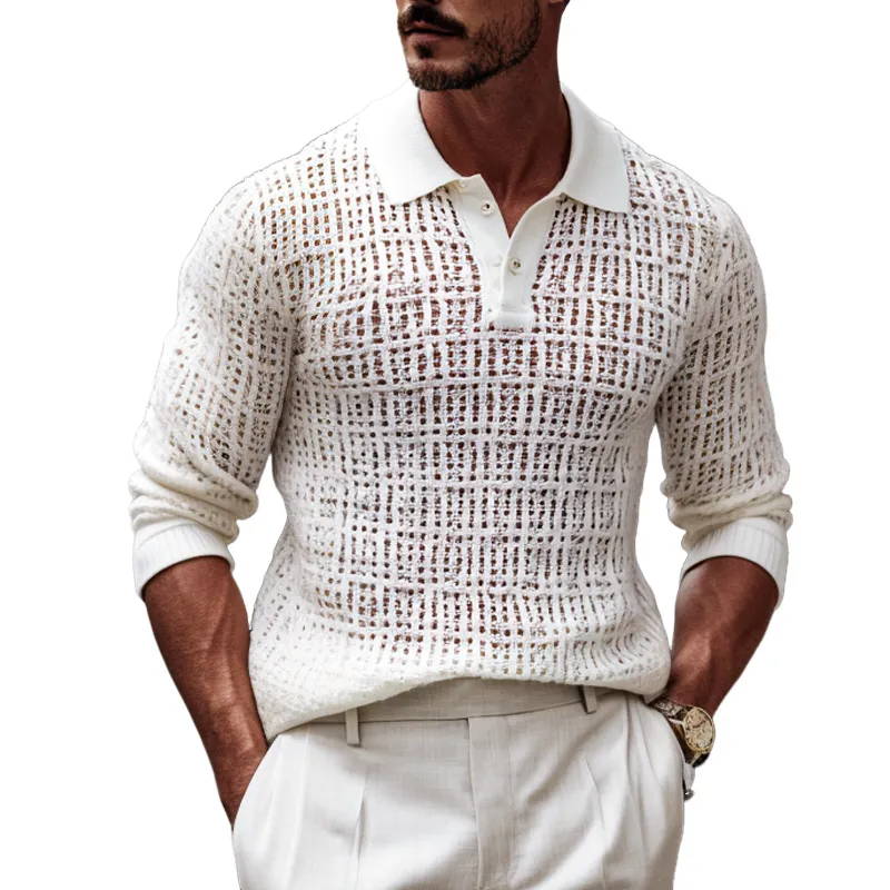 Men's Solid Hollow Out Knit Lapel Long Sleeve Polo Shirt MTA1131H1Z sold by Manly