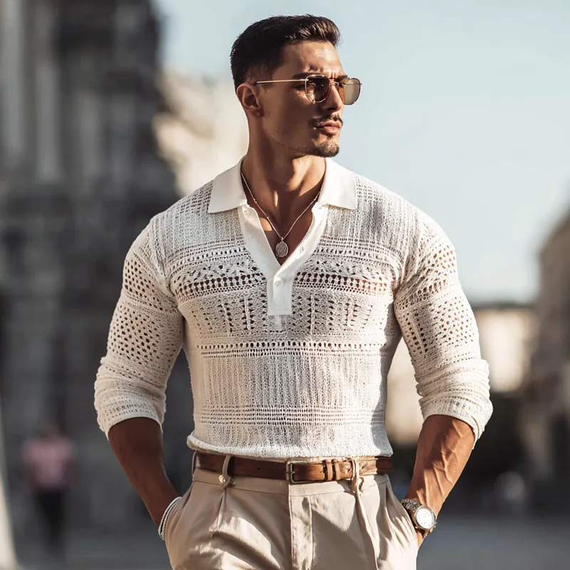 Men's Solid Hollow Out Knit Lapel Long Sleeve Polo Shirt MTA1123H7Z sold by Manly product image thumbnail 3