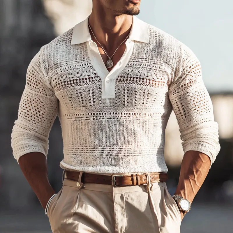 Men's Solid Hollow Out Knit Lapel Long Sleeve Polo Shirt MTA1123H7Z sold by Manly product image thumbnail 2