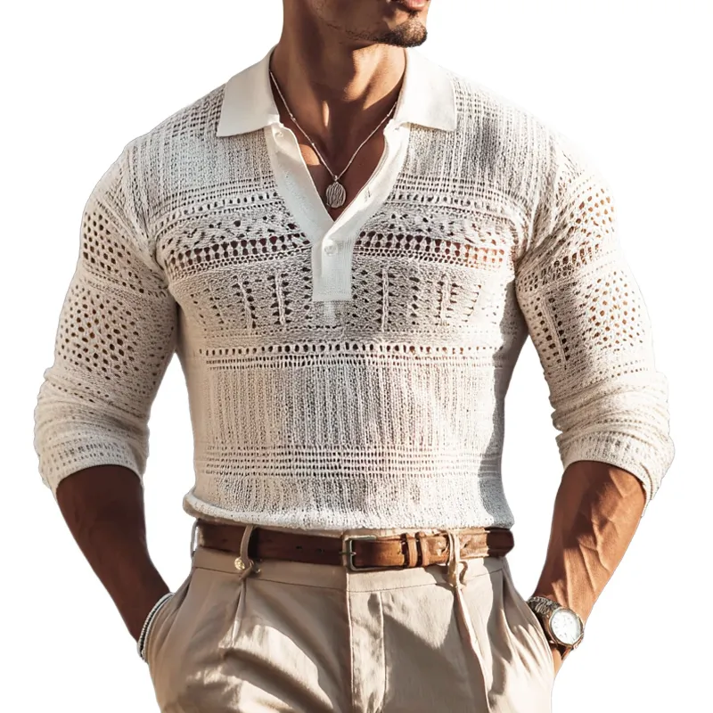 Men's Solid Hollow Out Knit Lapel Long Sleeve Polo Shirt MTA1123H7Z sold by Manly