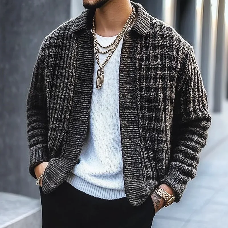 Men's Autumn And Winter Dark Gray Textured Lapel Knitted Cardigan MTA1123H6U sold by Manly product image thumbnail 2