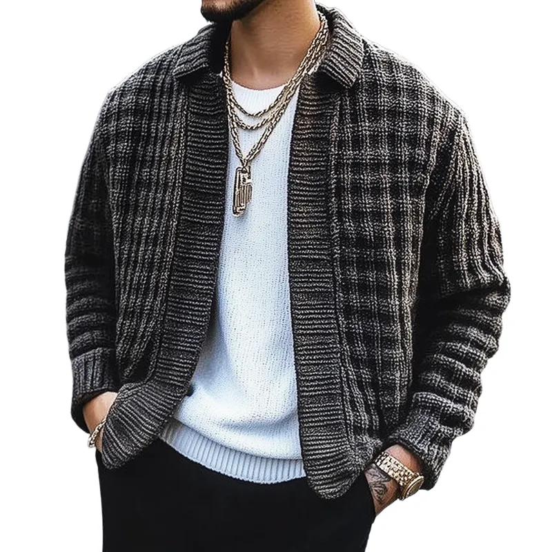 Men's Autumn And Winter Dark Gray Textured Lapel Knitted Cardigan MTA1123H6U sold by Manly
