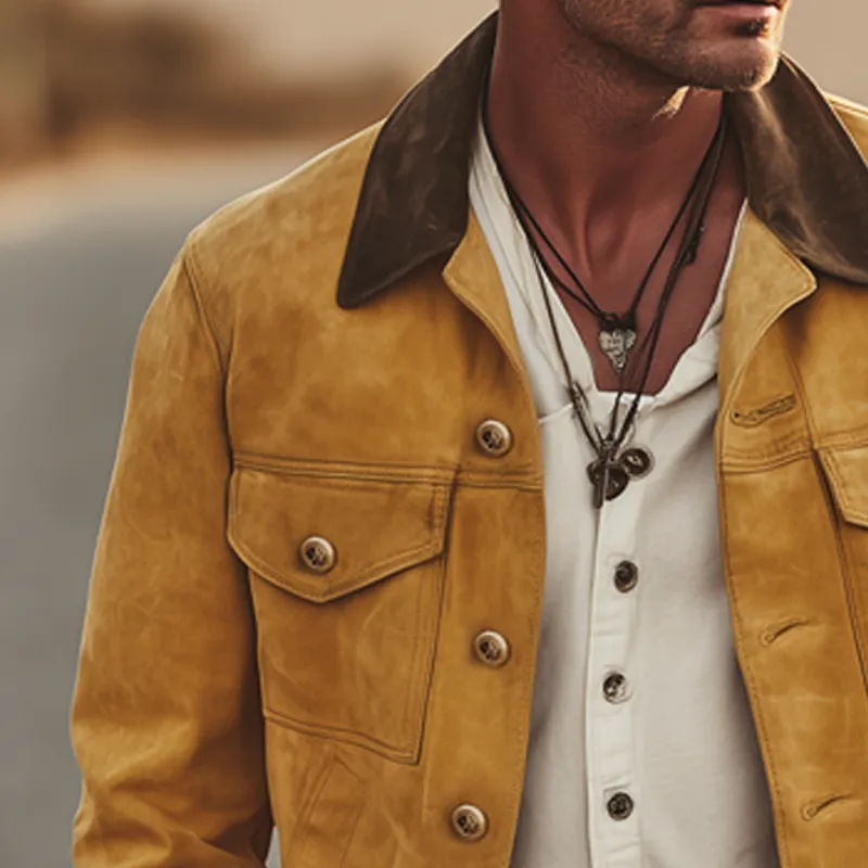 Men's Vintage Suede Colorblock Collar Button Jacket MTA1249H5U sold by Manly product image thumbnail 4