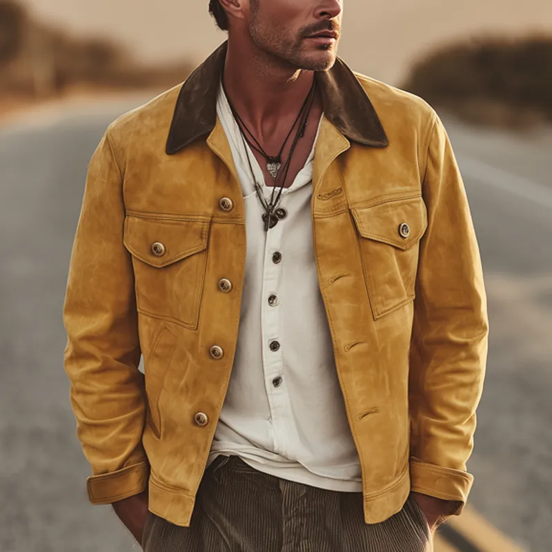 Men's Vintage Suede Colorblock Collar Button Jacket MTA1249H5U sold by Manly product image thumbnail 3