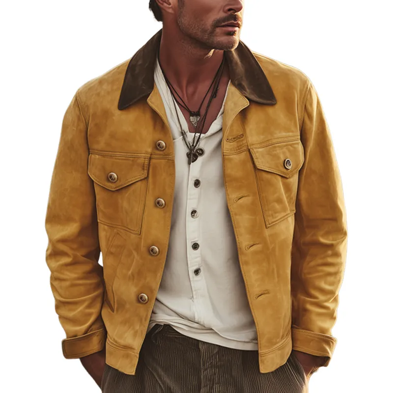 Men's Vintage Suede Colorblock Collar Button Jacket MTA1249H5U sold by Manly