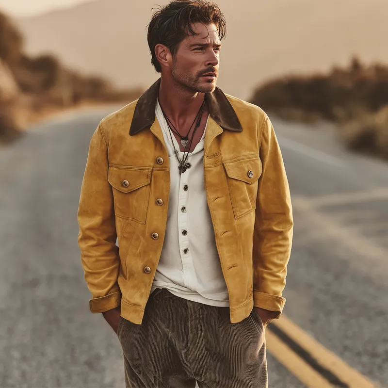 Men's Vintage Suede Colorblock Collar Button Jacket MTA1249H5U sold by Manly product image thumbnail 2