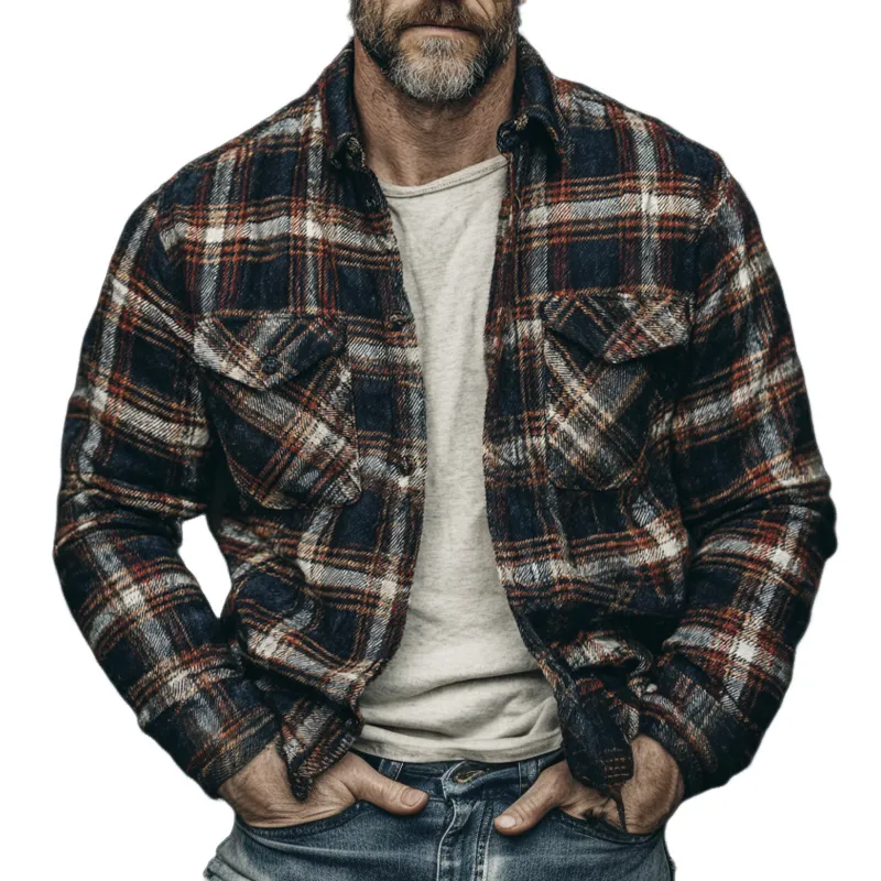 Men's Flannel Plaid Lapel Single-breasted Shirt MTA1544H3X sold by Manly