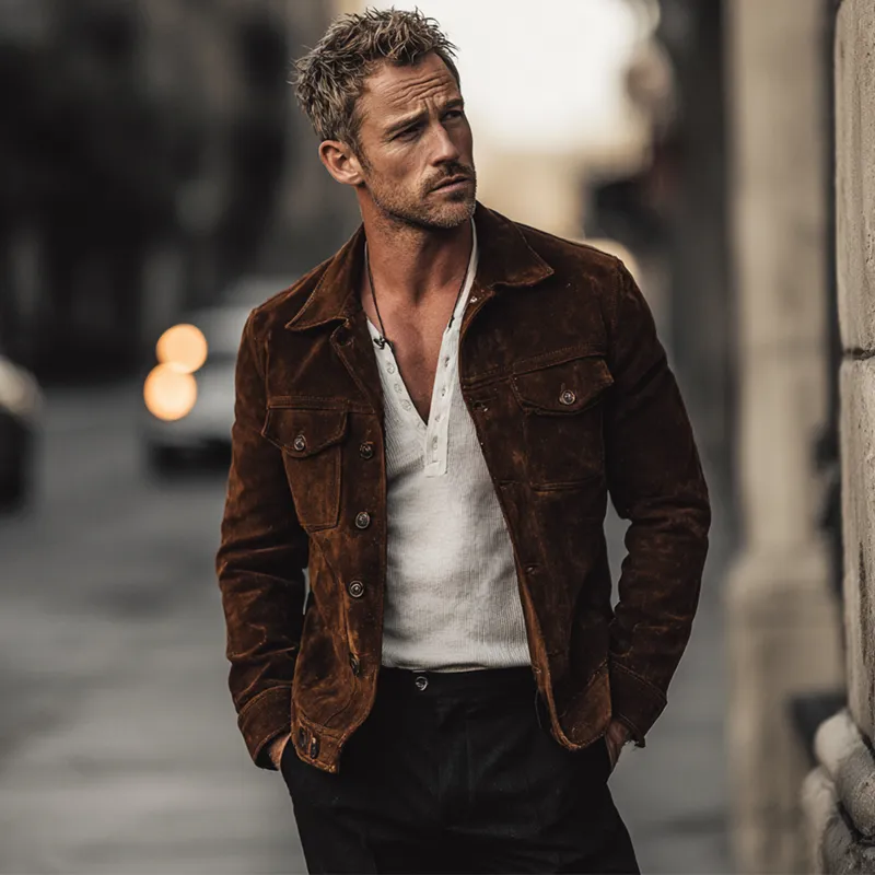 Men's Retro Solid Color Suede Slim Fit Jacket MTA1594H5X sold by Manly product image thumbnail 4