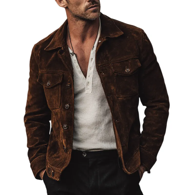 Men's Retro Solid Color Suede Slim Fit Jacket MTA1594H5X sold by Manly