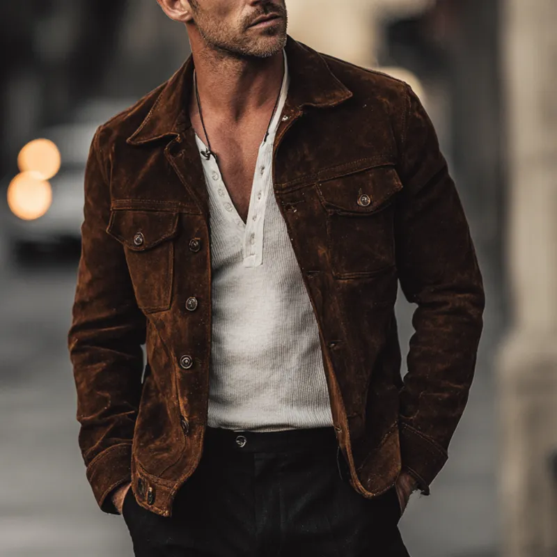 Men's Retro Solid Color Suede Slim Fit Jacket MTA1594H5X sold by Manly product image thumbnail 3