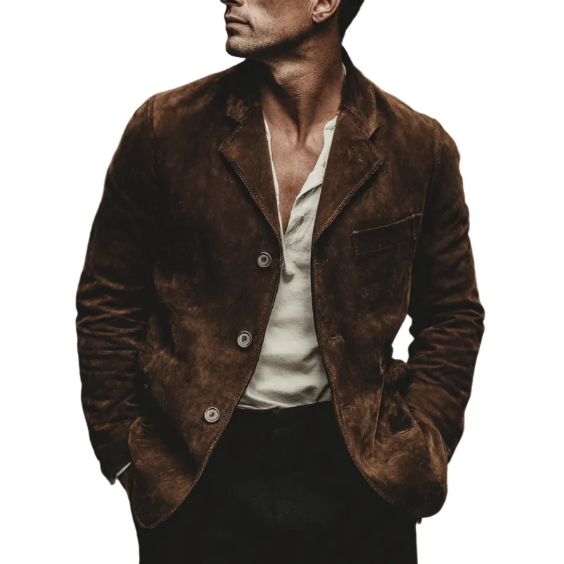 Men's Vintage Solid Color Faux Suede Single-Breasted Blazer MTA1501H6X sold by Manly