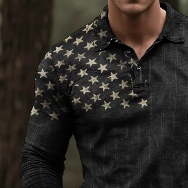 Men's Retro Casual Western Style American Flag Print Long Sleeve Polo Shirt MTA1500H0TO sold by Manly product image thumbnail 3