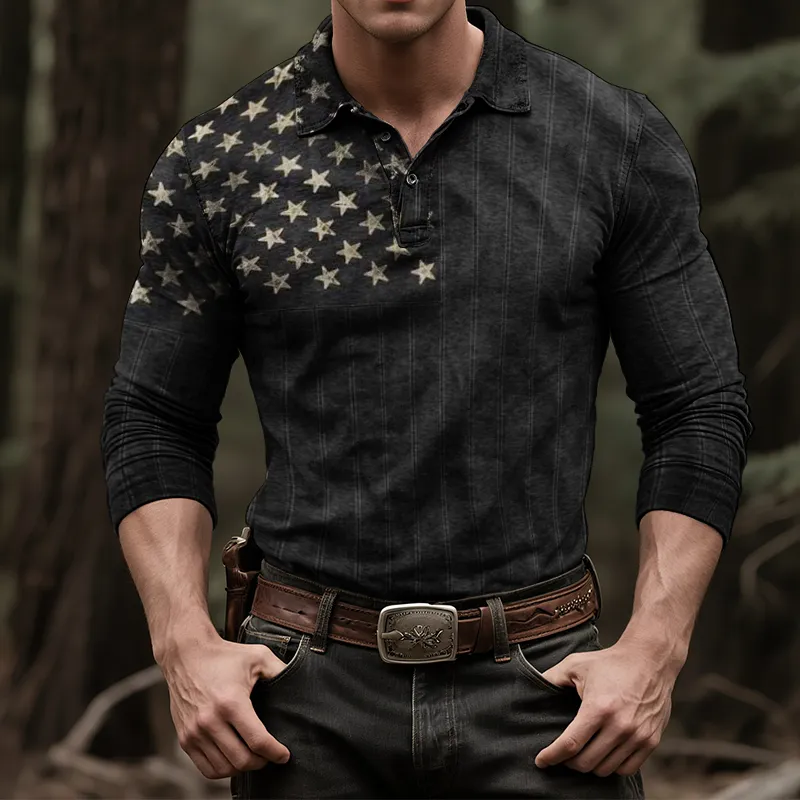Men's Retro Casual Western Style American Flag Print Long Sleeve Polo Shirt MTA1500H0TO sold by Manly product image thumbnail 2