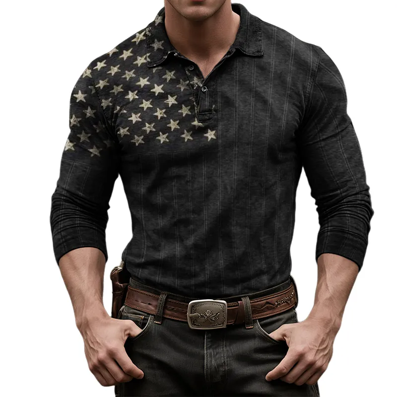 Men's Retro Casual Western Style American Flag Print Long Sleeve Polo Shirt MTA1500H0TO sold by Manly