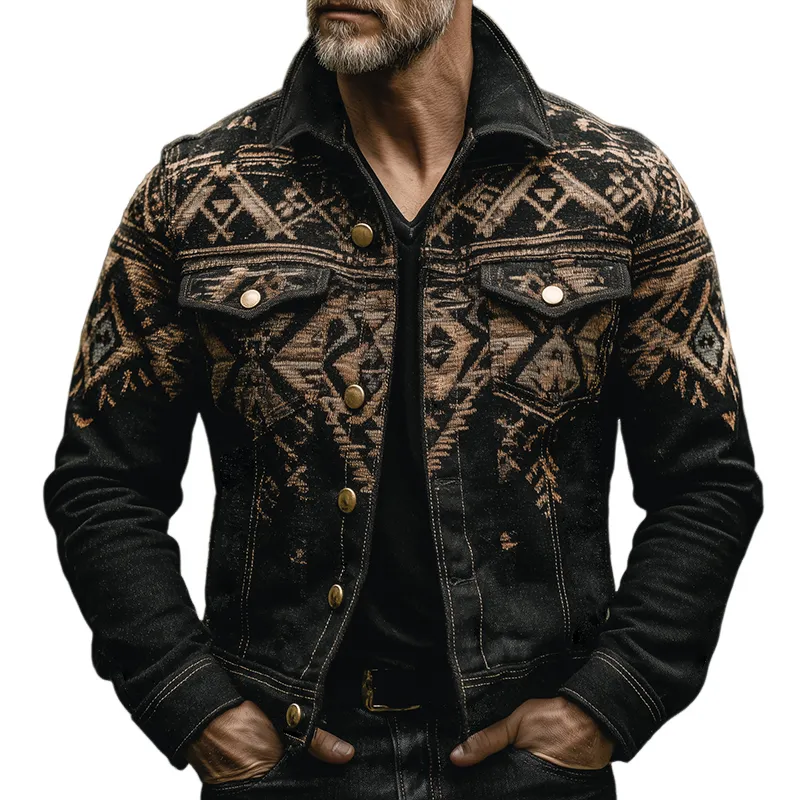 Men's Retro Casual Western Style Aztec Print Lapel Jacket MTA1483H6TO sold by Manly