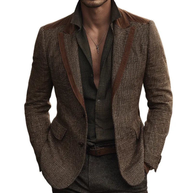 Men's Retro Casual Western Style Plaid Panel Blazer MTA1552H1TO sold by Manly