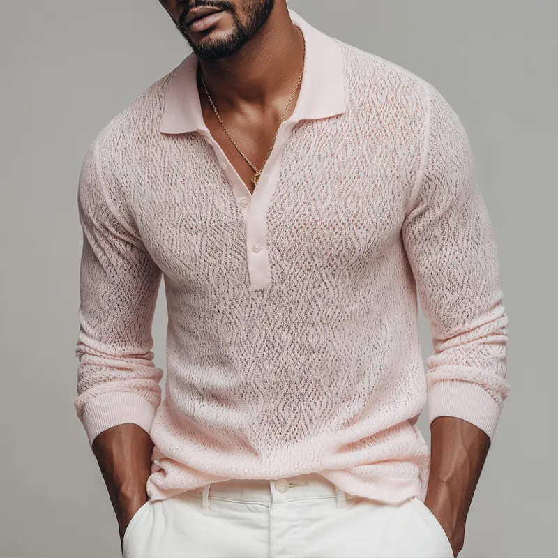 Men's Geometric Openwork Knit Lapel Long Sleeve Polo Shirt MTA1575H4Z sold by Manly product image thumbnail 2