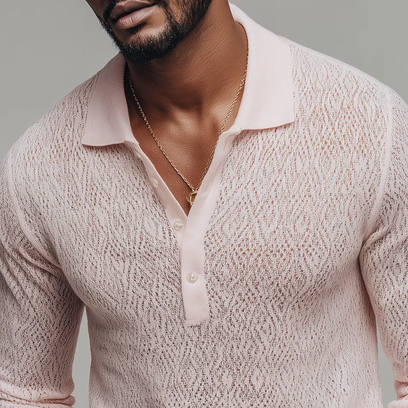 Men's Geometric Openwork Knit Lapel Long Sleeve Polo Shirt MTA1575H4Z sold by Manly product image thumbnail 3