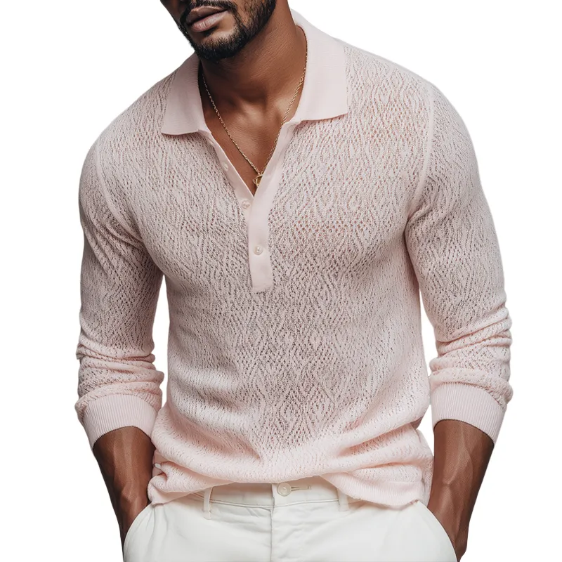 Men's Geometric Openwork Knit Lapel Long Sleeve Polo Shirt MTA1575H4Z sold by Manly