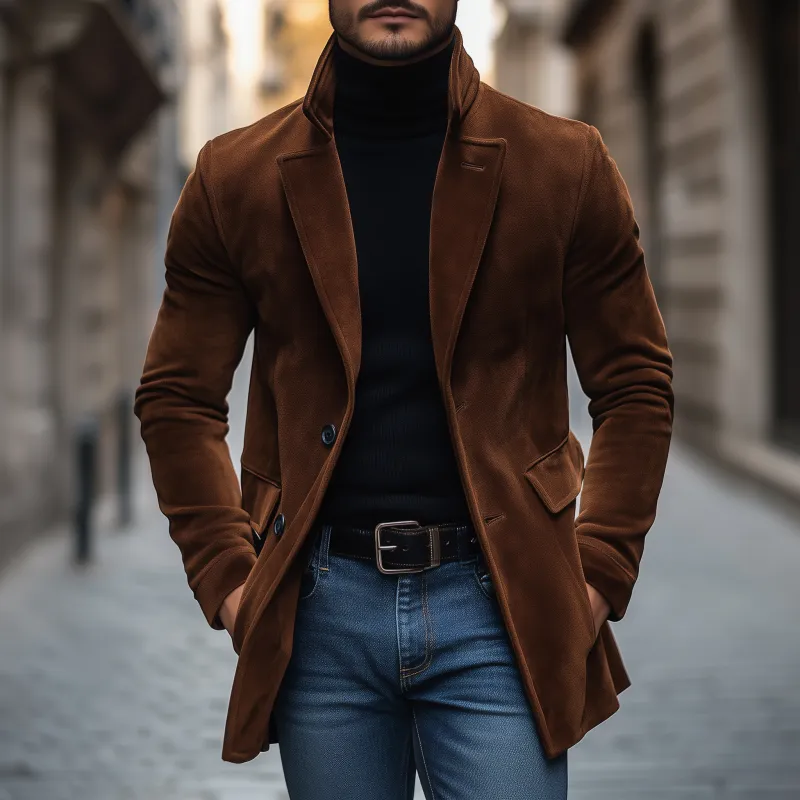 Men's Vintage Solid Color Faux Suede Notch Lapel Single-Breasted Loose Coat MTA1440H0M sold by Manly product image thumbnail 2