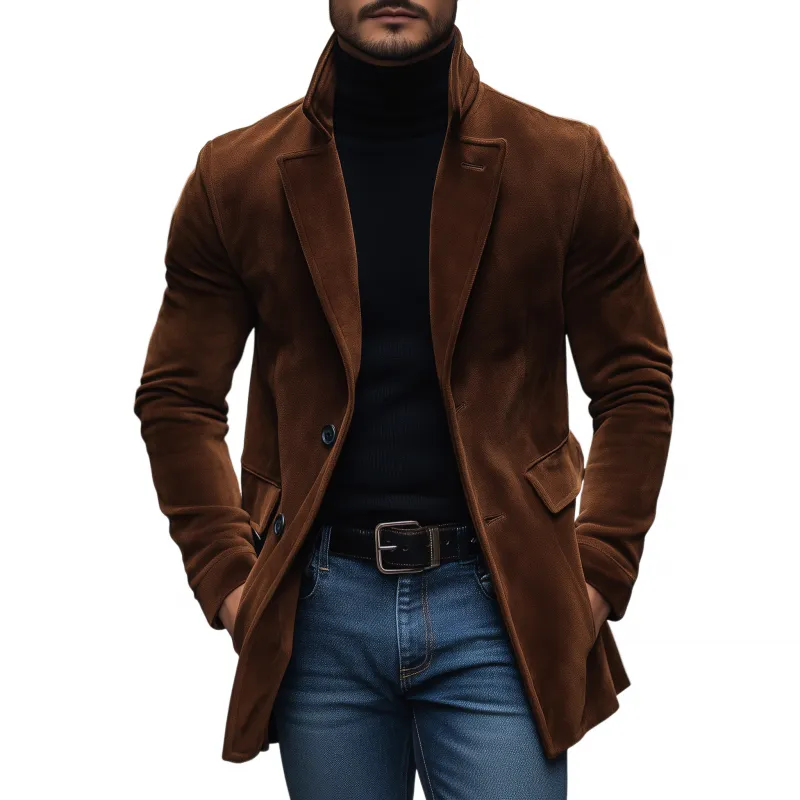 Men's Vintage Solid Color Faux Suede Notch Lapel Single-Breasted Loose Coat MTA1440H0M sold by Manly