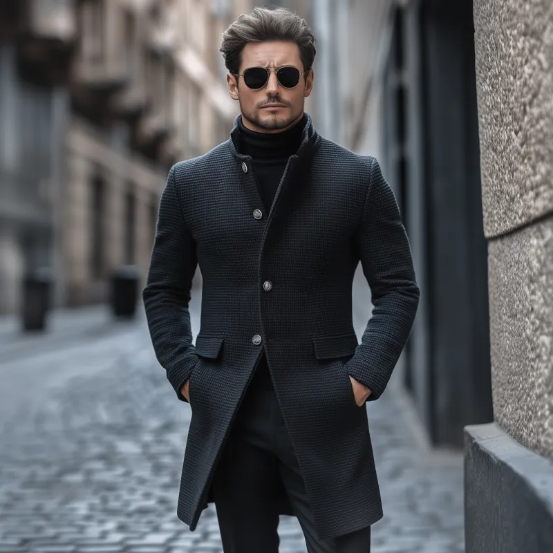 Men's Vintage Solid Color Textured Wool Blend Stand Collar Single-breasted Slim Fit Warm Mid-length Coat MTA1472H8M sold by Manly product image thumbnail 3