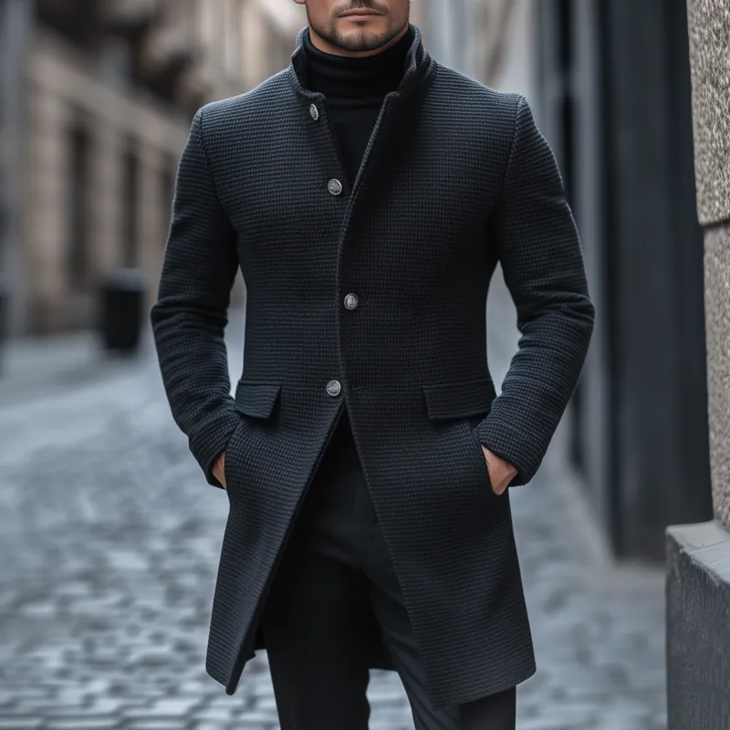 Men's Vintage Solid Color Textured Wool Blend Stand Collar Single-breasted Slim Fit Warm Mid-length Coat MTA1472H8M sold by Manly product image thumbnail 2