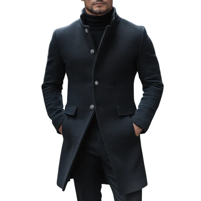 Men's Vintage Solid Color Textured Wool Blend Stand Collar Single-breasted Slim Fit Warm Mid-length Coat MTA1472H8M sold by Manly