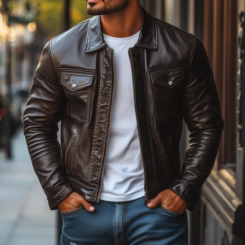 Men's Fashion Vintage Solid Color PU Lapel Zipper Placket Slim Fit Motorcycle Jacket MTA1405H8M sold by Manly product image thumbnail 2