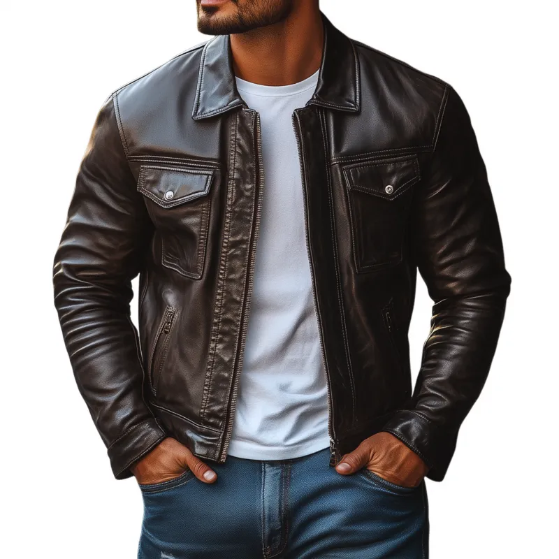 Men's Fashion Vintage Solid Color PU Lapel Zipper Placket Slim Fit Motorcycle Jacket MTA1405H8M sold by Manly