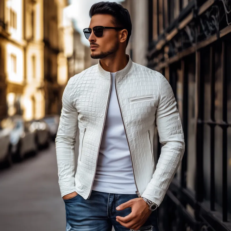 Men's Fashion Solid Color Textured PU Stand Collar Zipper Placket Slim Fit Motorcycle Jacket MTA1499H1M sold by Manly product image thumbnail 3