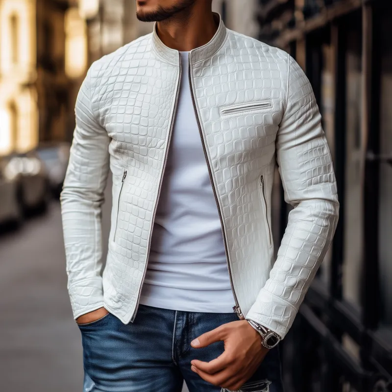 Men's Fashion Solid Color Textured PU Stand Collar Zipper Placket Slim Fit Motorcycle Jacket MTA1499H1M sold by Manly product image thumbnail 2