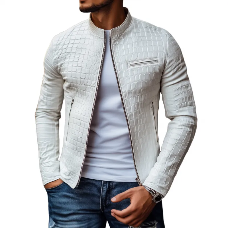 Men's Fashion Solid Color Textured PU Stand Collar Zipper Placket Slim Fit Motorcycle Jacket MTA1499H1M sold by Manly