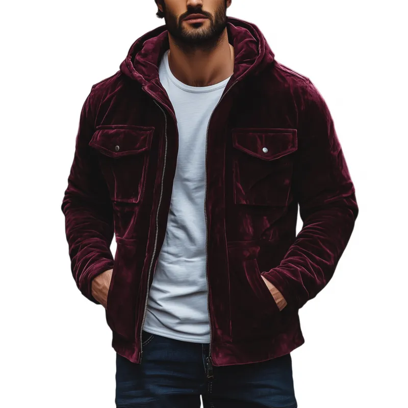 Men's Casual Vintage Solid Color Velvet Hooded Zipper Placket Multi-pocket Loose Jacket MTA1435H9M sold by Manly