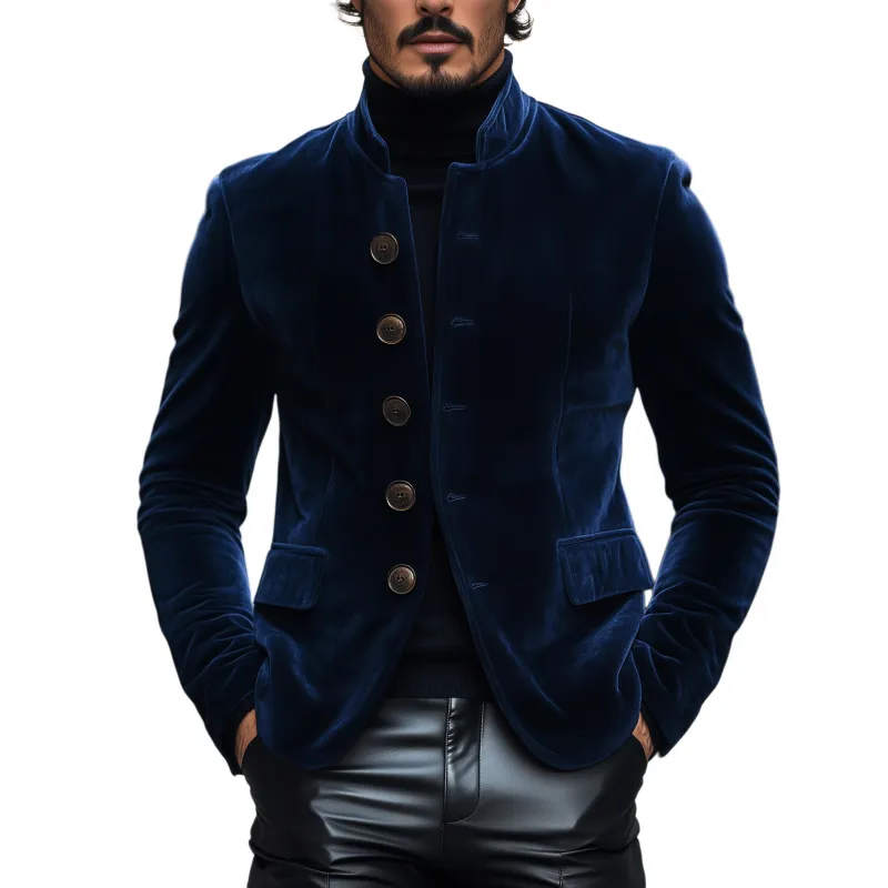 Men's Vintage Elegant Solid Color Velvet Stand Collar Single-breasted Slim-fit Blazer MTA1495H4M sold by Manly