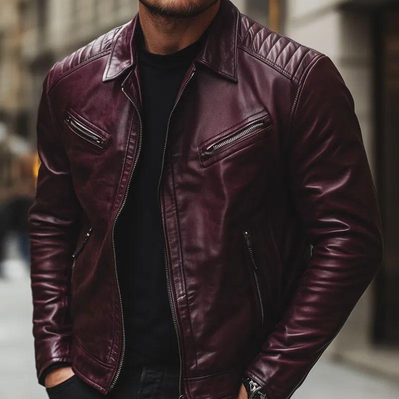 Men's Casual Vintage Solid Color PU Lapel Zipper Placket Multi-pocket Slim Fit Motorcycle Jacket MTA1486H6M sold by Manly product image thumbnail 3