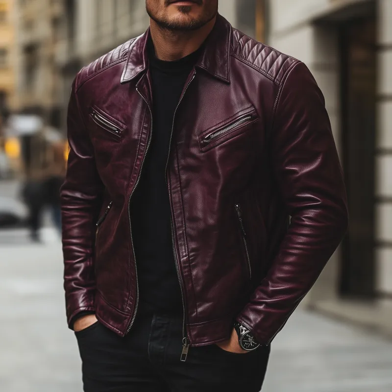 Men's Casual Vintage Solid Color PU Lapel Zipper Placket Multi-pocket Slim Fit Motorcycle Jacket MTA1486H6M sold by Manly product image thumbnail 2